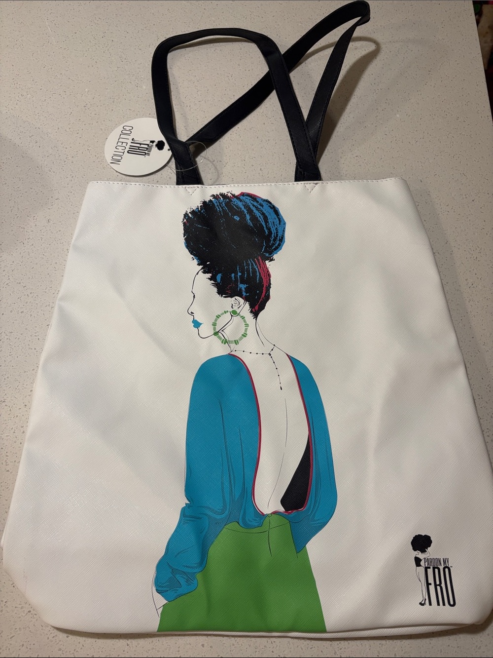 Pardon My Fro Collection White Tote Bag with Teal & Green Fashion Illustration